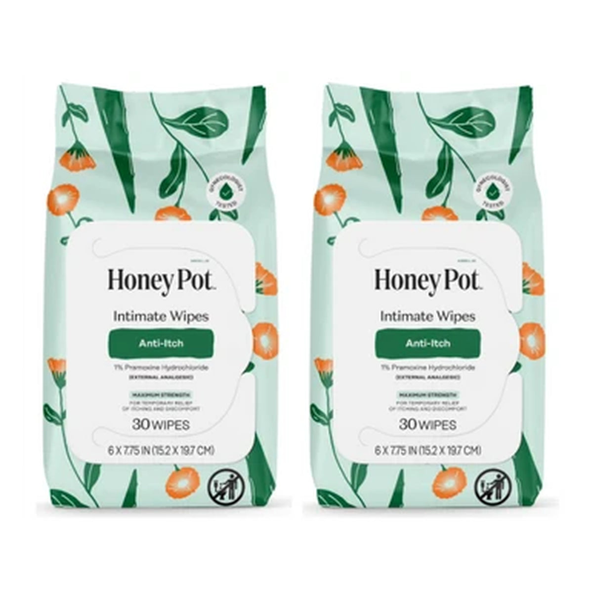Honey Pot Anti-Itch Intimate Wipes, 30 Count, 2-Pack (60 Total)