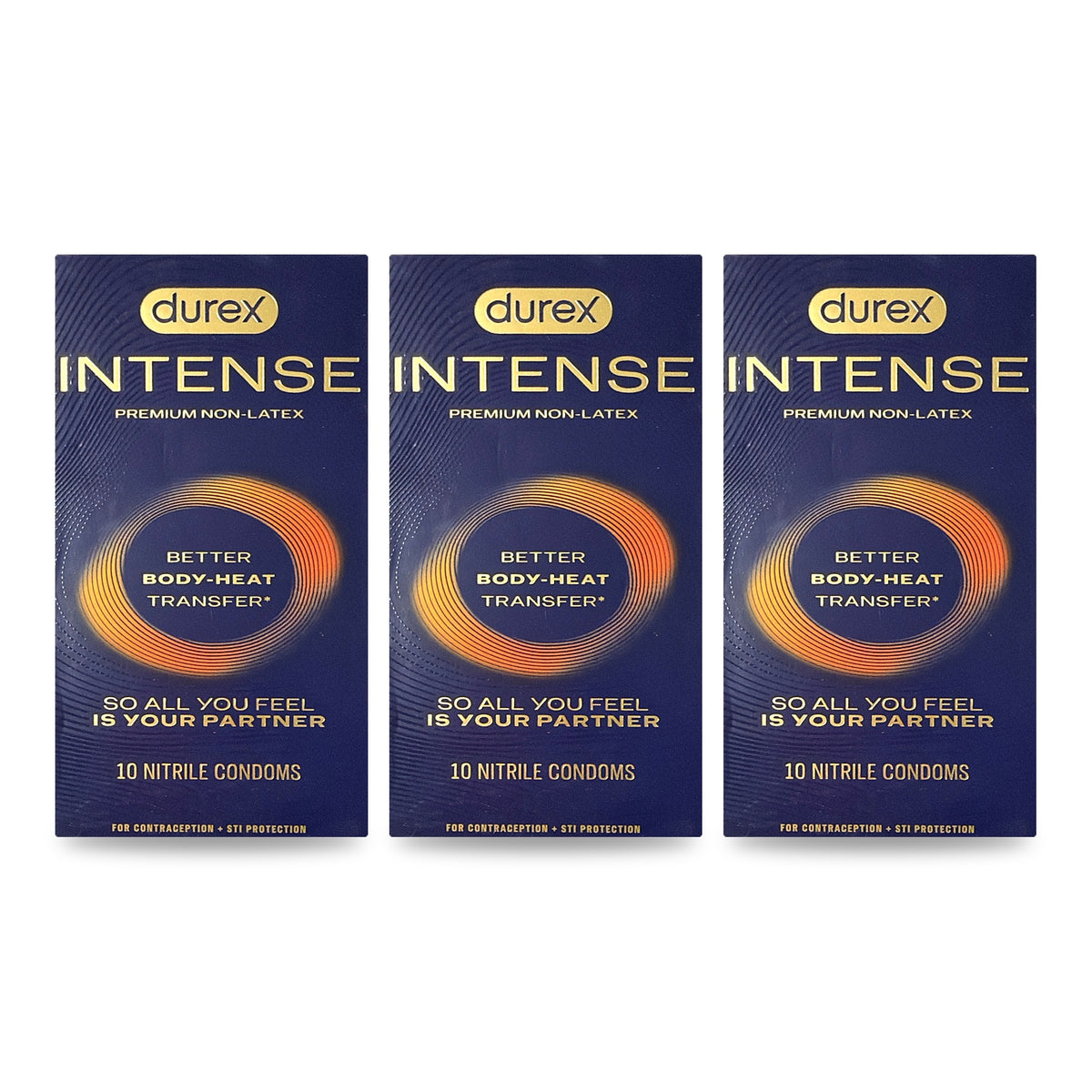 Three boxes of Durex Intense Premium Non-Latex condoms on a white background, 10 condoms per box