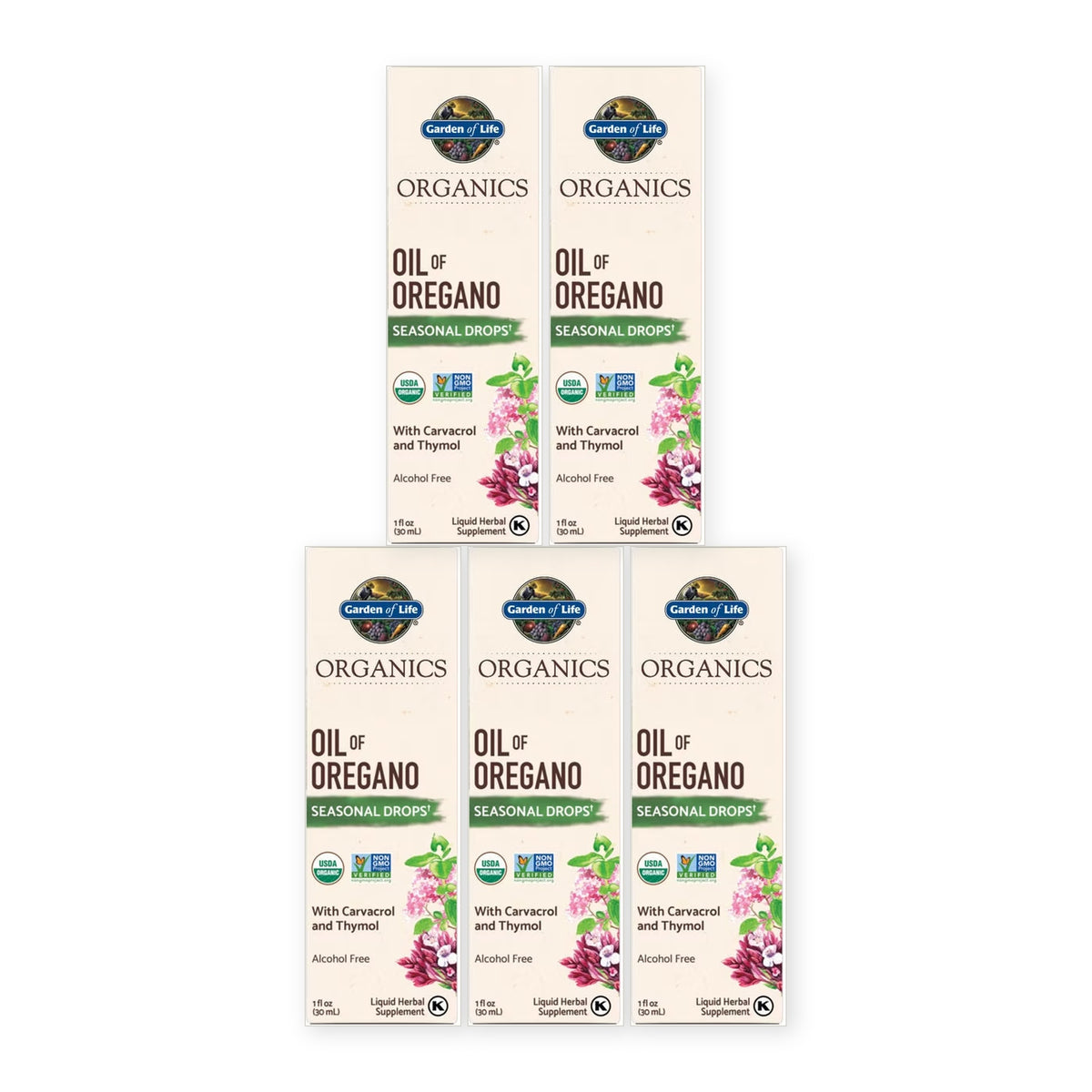 Five boxes of Garden of Life Organics Oil of Oregano Seasonal Drops, 1 fl oz each, on a white background