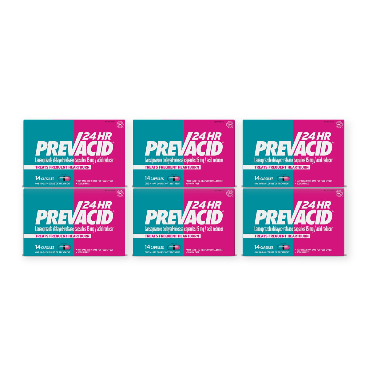 Six boxes of Prevacid 24HR 15 mg acid reducer, 14 capsules each, on a white background