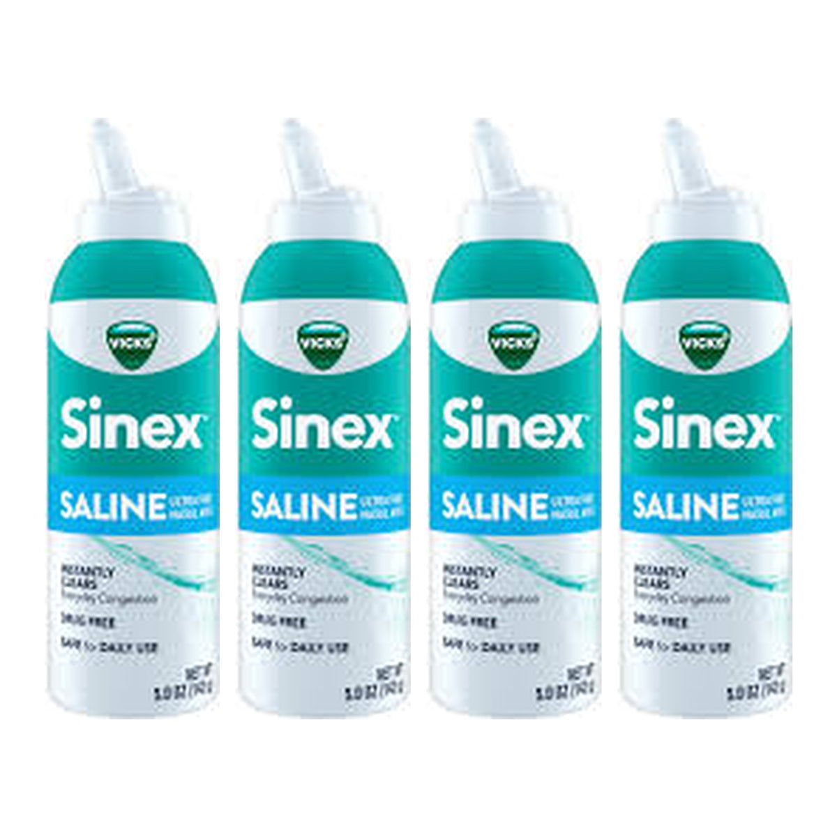Four bottles of Vicks Sinex Saline Nasal Spray on a white background