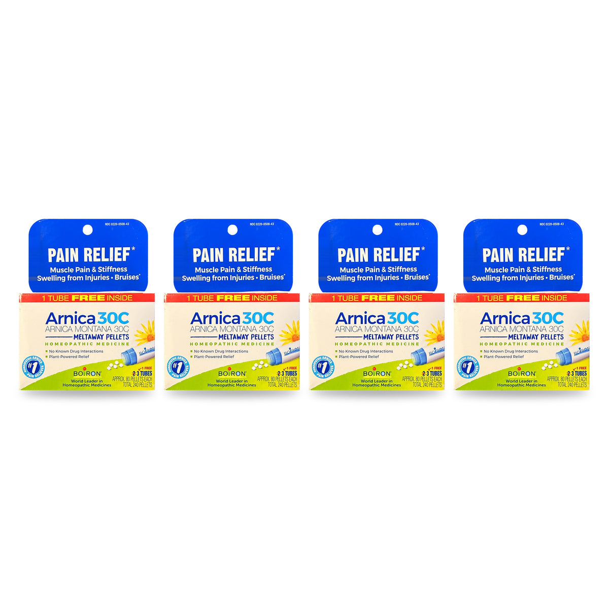 Four packs of Boiron Arnica Montana 30C meltaway pellets on a white background