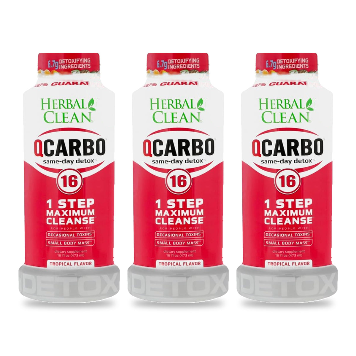 Three bottles of Herbal Clean QCarbo16 Tropical flavor, 16 fl oz each, on a white background