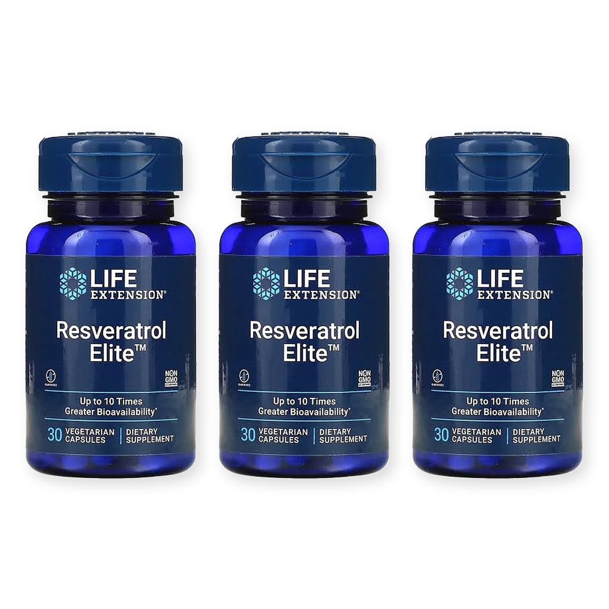 Three bottles of Life Extension Resveratrol Elite, 30 vegetarian capsules each, on a white background