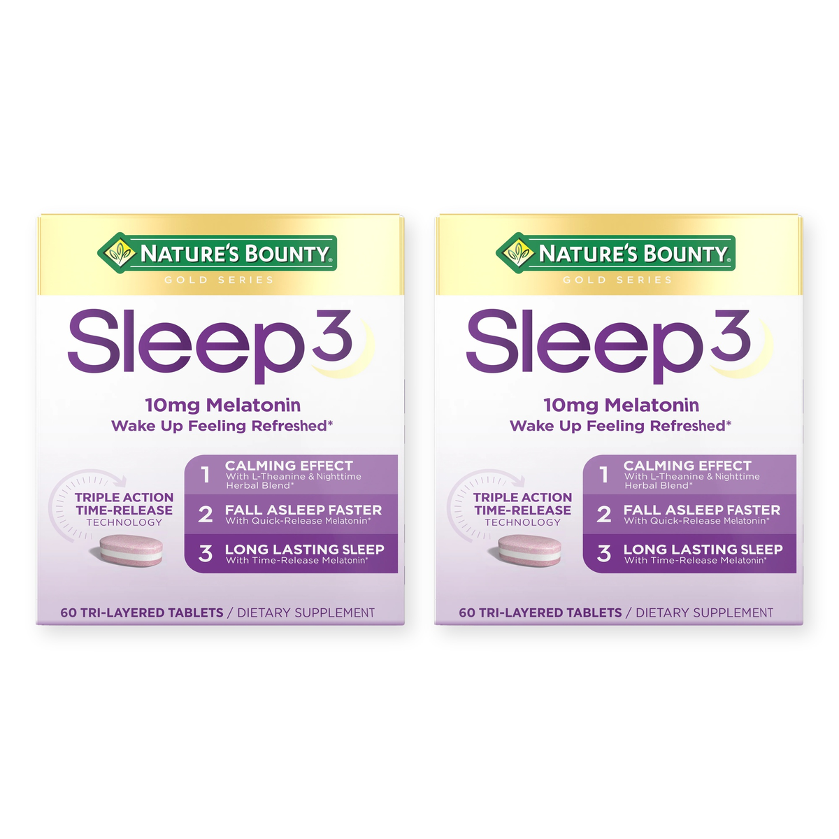 Two boxes of Nature's Bounty Sleep3 10mg Melatonin, 60 tri-layered tablets each, on a white background