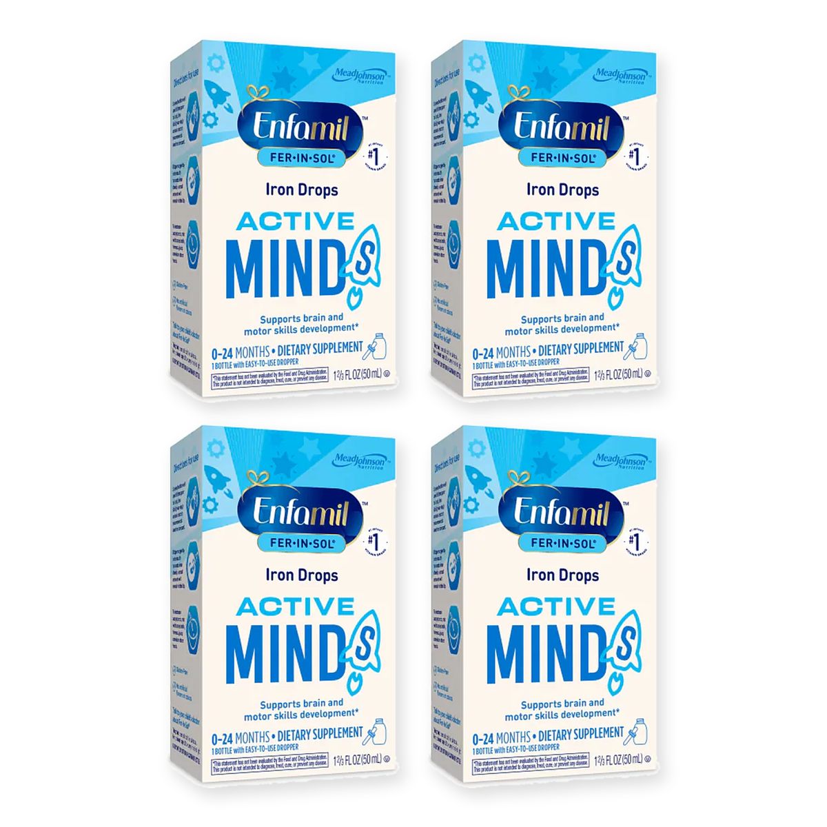 Four boxes of Enfamil Fer-In-Sol Iron Drops Active Minds, 50 mL bottles, on a white background