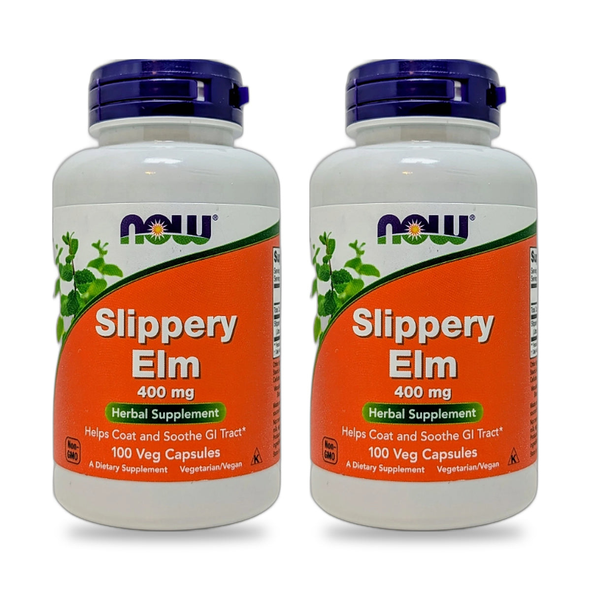 Two bottles of NOW Foods Slippery Elm 400 mg, 100 veg capsules each
