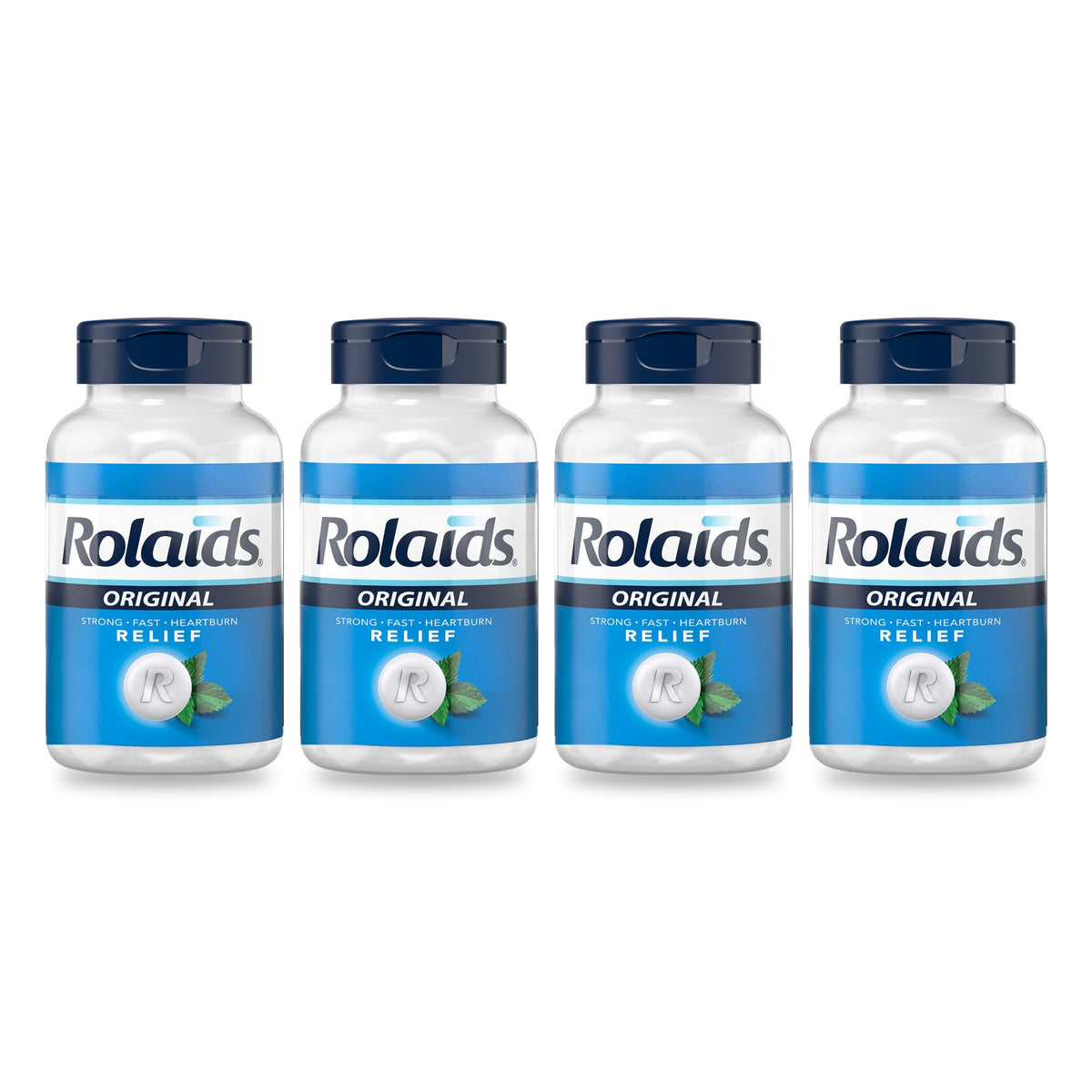 Four bottles of Rolaids Original Mint antacid chewable tablets on a white background