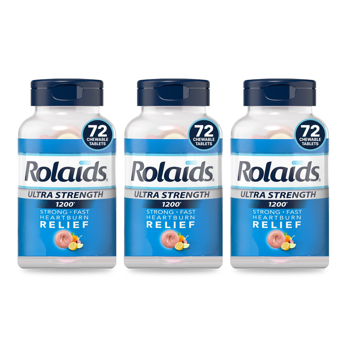 Three bottles of Rolaids Ultra Strength Fruit chewable antacid tablets on a white background, 72 tablets each