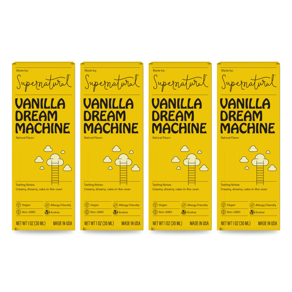 Four yellow boxes of Supernatural Vanilla Dream Machine flavor drops on a white background