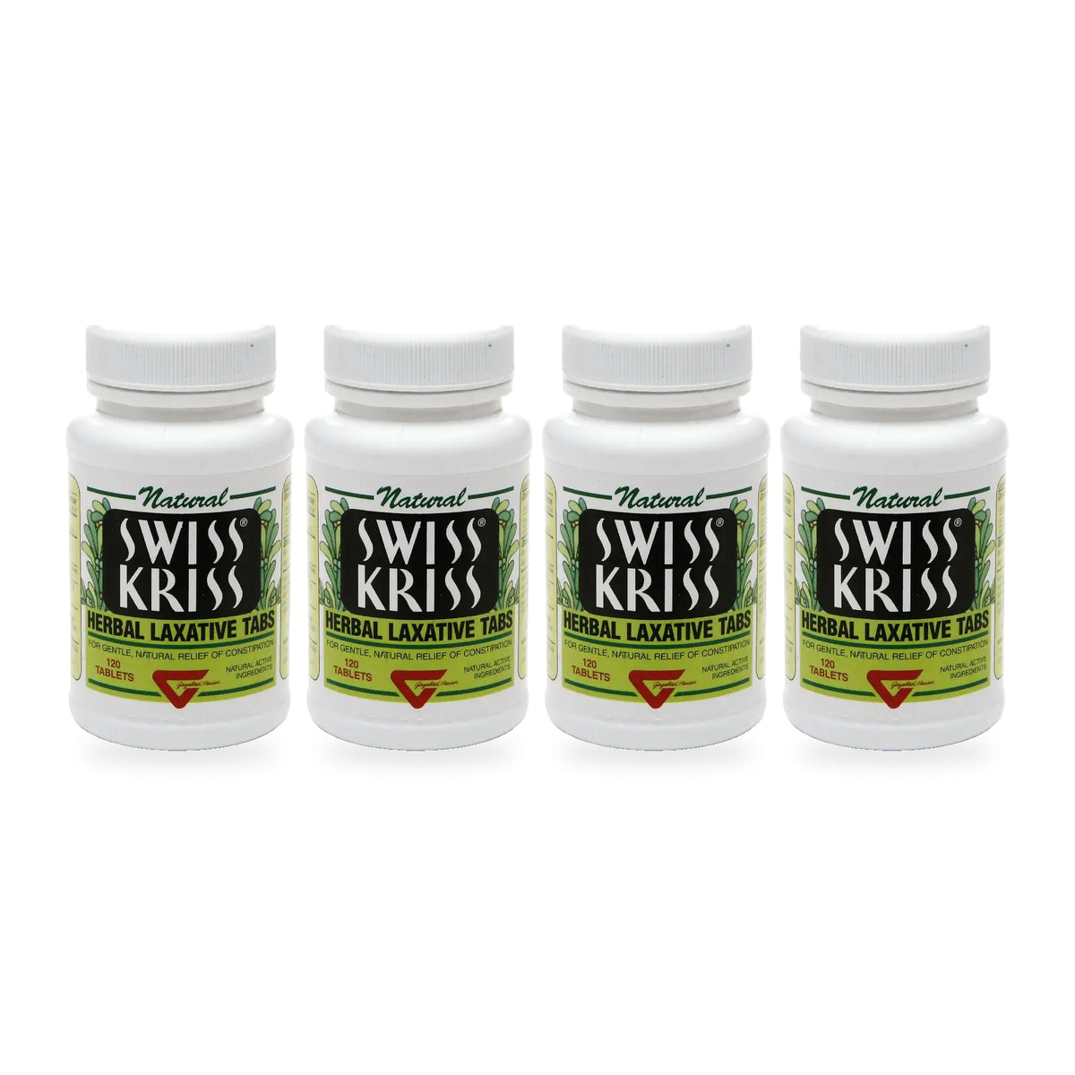 Four bottles of Swiss Kriss Herbal Laxative, 120 tablets each, on a white background