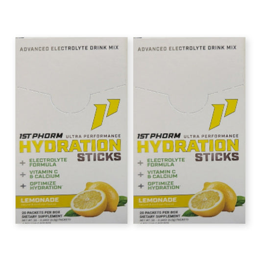 Two boxes of 1st Phorm Hydration Sticks electrolyte drink mix in Lemonade, 20 packets per box, on a white background