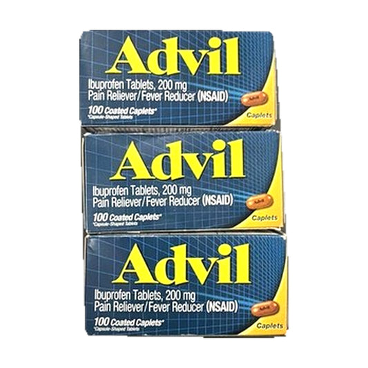 Three boxes of Advil Ibuprofen 200 mg, 100 coated caplets each, on a white background