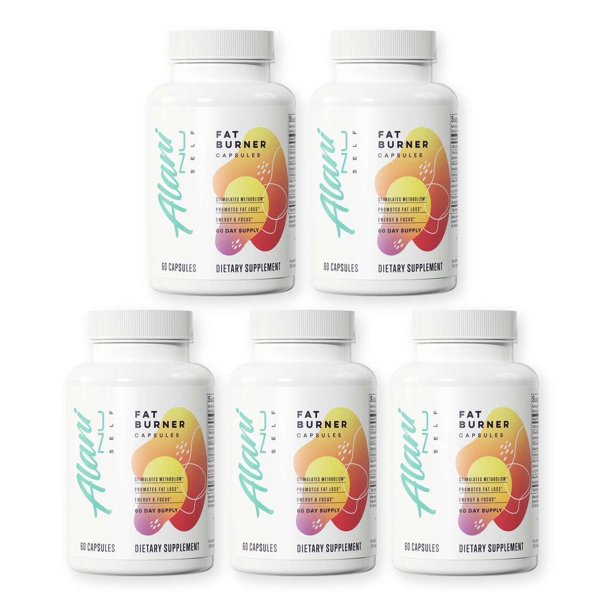 Five bottles of Alani Nu Fat Burner capsules, 60 count each, on a white background