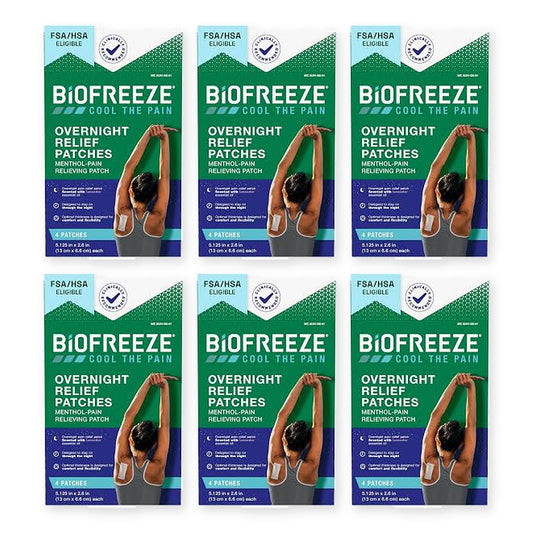 Six boxes of Biofreeze Overnight Relief Patches, 4 patches per box, on a white background