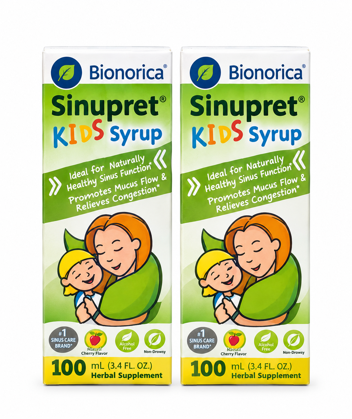 Two sealed boxes of Bionorica Sinupret Kids Syrup, 100 mL each, on a white background