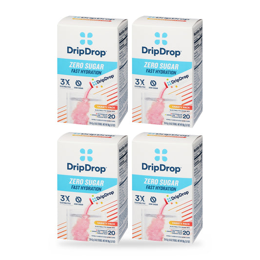 Four boxes of DripDrop Zero Sugar Fast Hydration Variety Pack on a white background, 20 sticks per box
