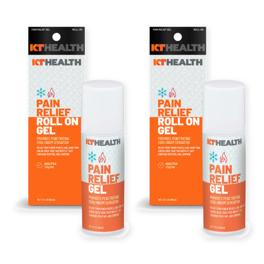 Two KT Health Pain Relief Roll On Gels with boxes, 3 oz each, on a white background