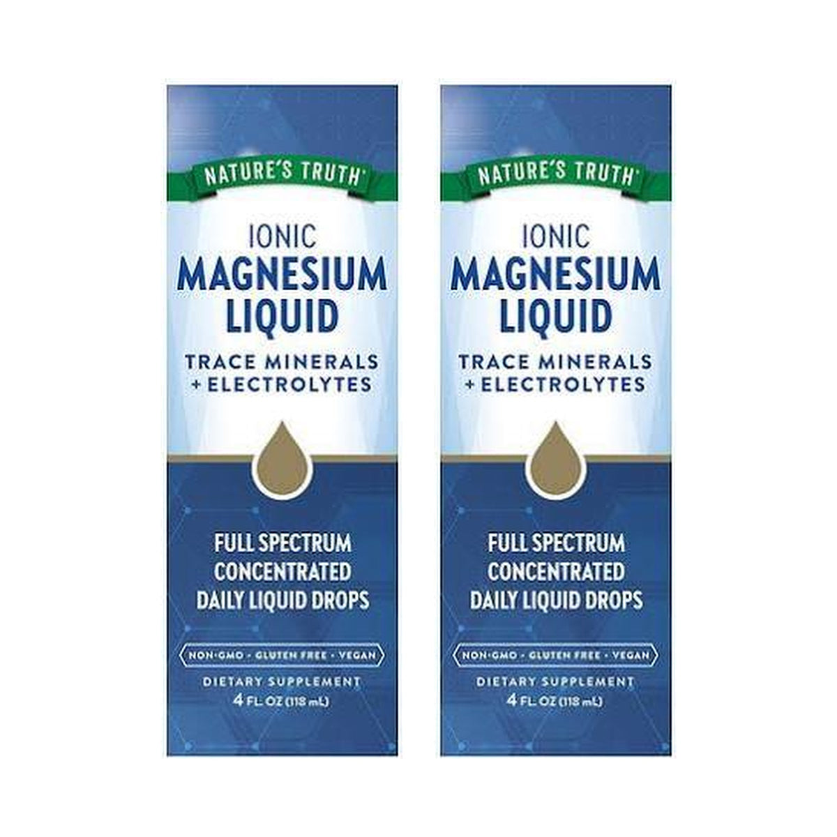 Two boxes of Nature’s Truth Ionic Magnesium Liquid, 4 fl oz each, on a white background