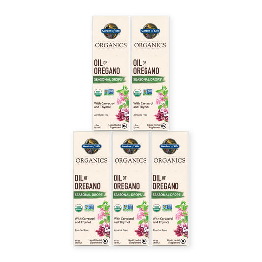 Five boxes of Garden of Life Organics Oil of Oregano Seasonal Drops, 1 fl oz each, on a white background