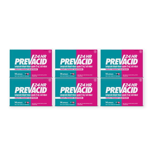 Six boxes of Prevacid 24HR 15 mg acid reducer, 14 capsules each, on a white background