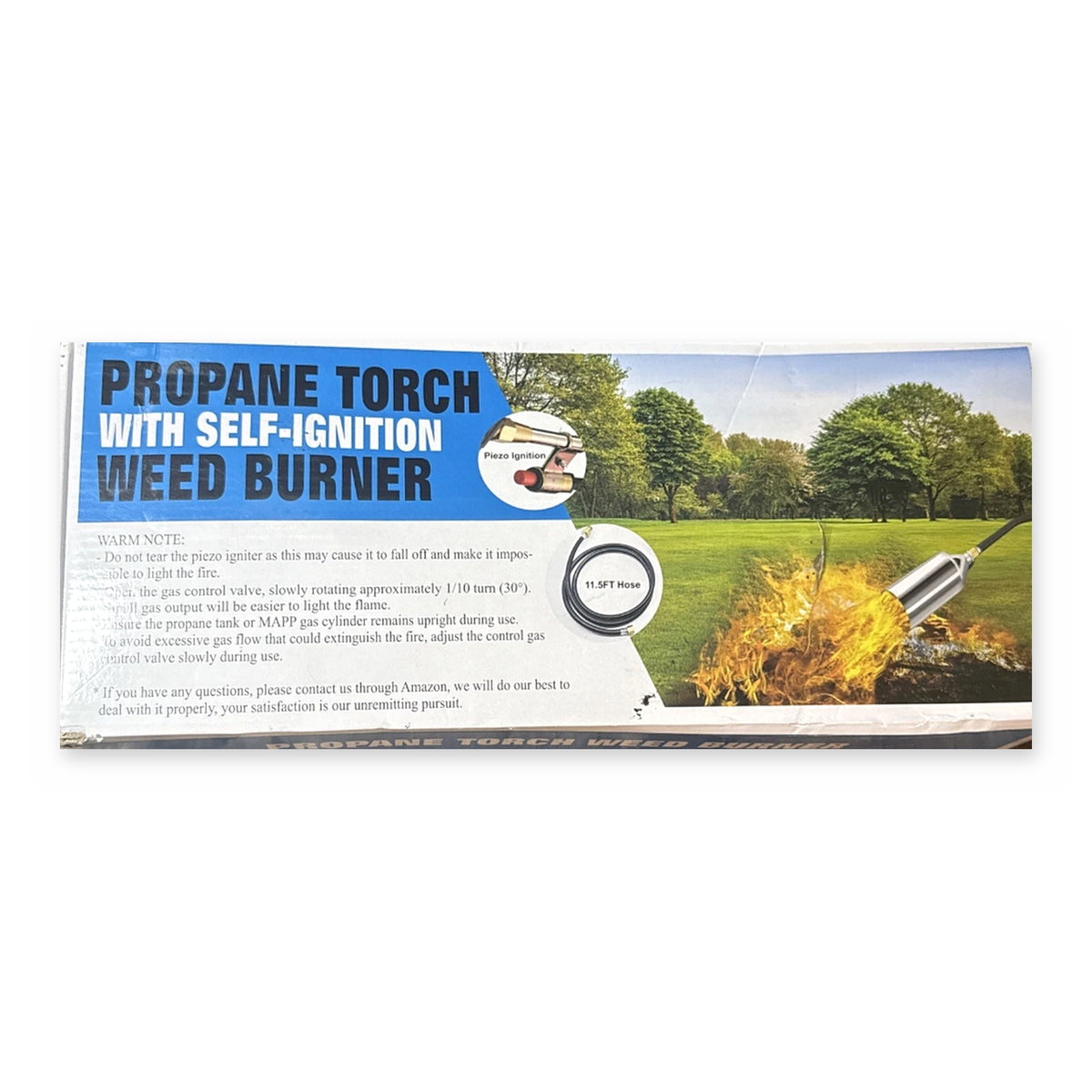 Propane torch weed burner packaging showing self-ignition and an 11.5-foot hose on a white background