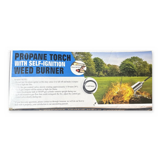 Propane torch weed burner packaging showing self-ignition and an 11.5-foot hose on a white background