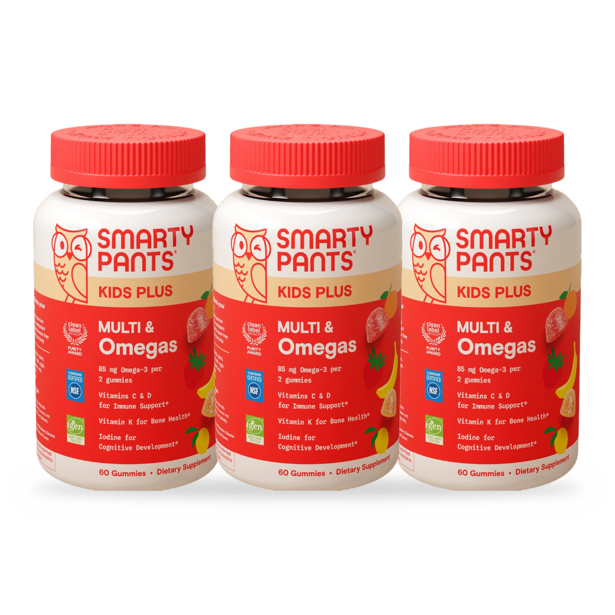 Three bottles of SmartyPants Kids Plus Multi and Omegas, 60 gummies each, on a white background