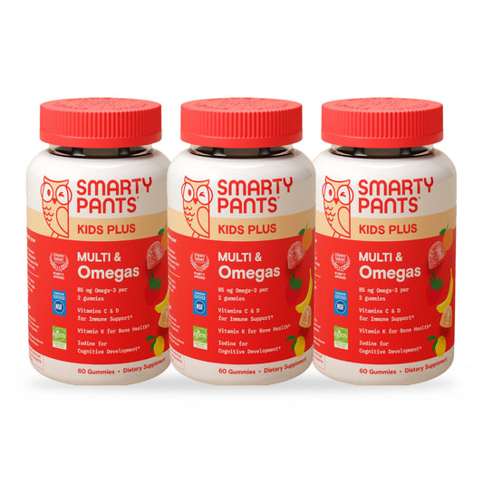 Three bottles of SmartyPants Kids Plus Multi and Omegas, 60 gummies each, on a white background