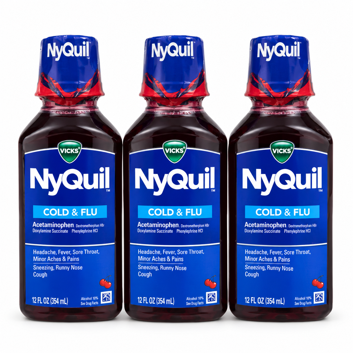 Three bottles of Vicks NyQuil Cold and Flu Cherry liquid, 12 fl oz each, on a white background
