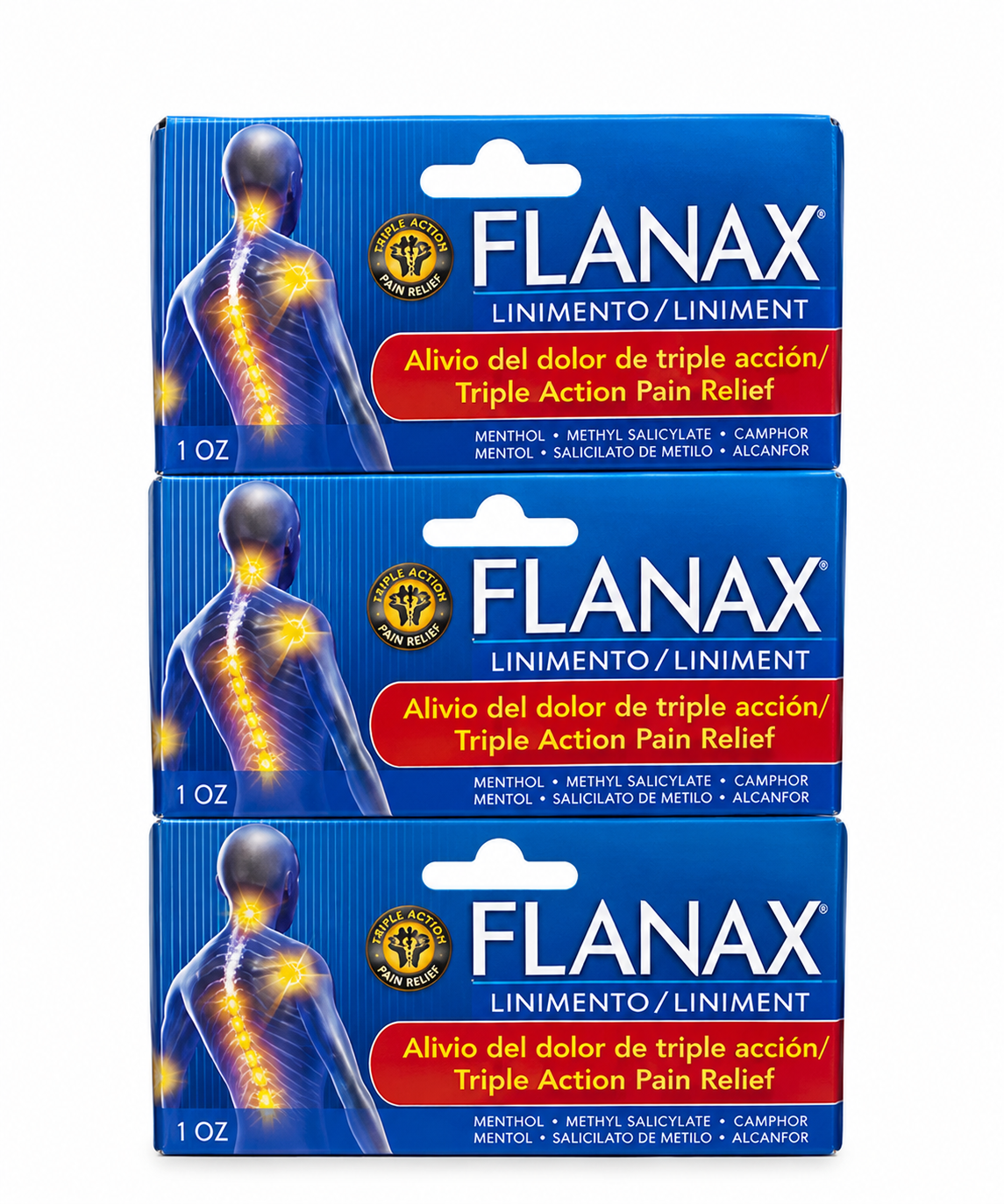 Three stacked boxes of FLANAX Pain Relief Liniment, 1 oz each, on a white background