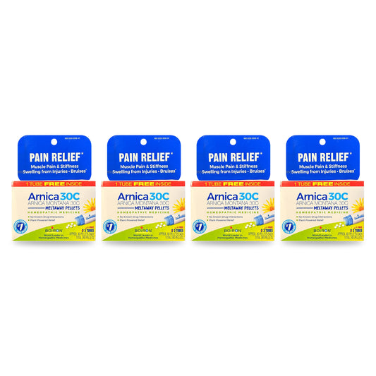 Four packs of Boiron Arnica Montana 30C meltaway pellets on a white background