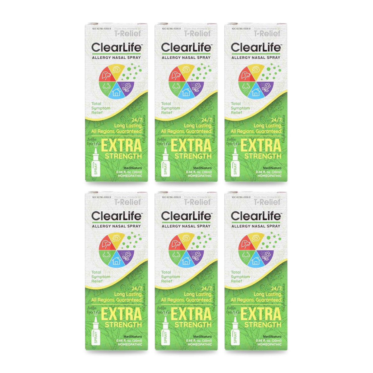 Six boxes of MediNatura ClearLife Extra Strength Allergy Nasal Spray on a white background