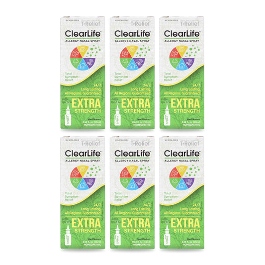 Six boxes of MediNatura ClearLife Extra Strength Allergy Nasal Spray on a white background