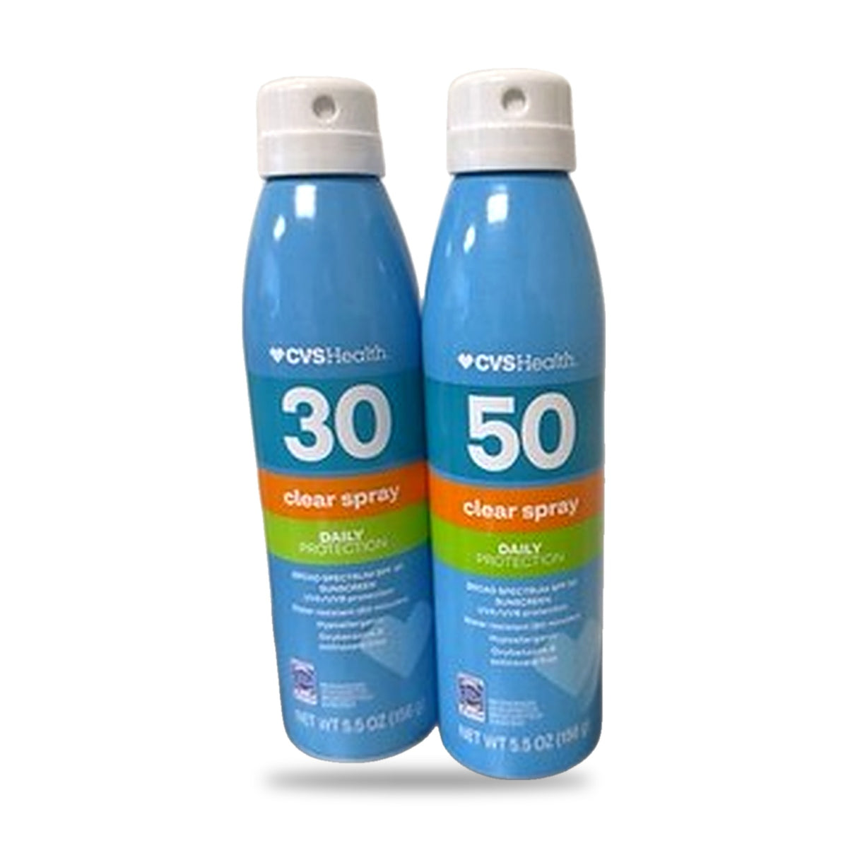 CVS Health clear spray sunscreen SPF 30 and SPF 50 value-size containers on a white background