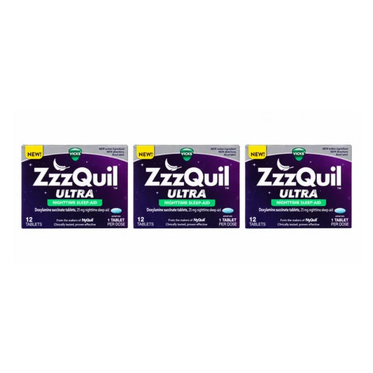 Vicks ZzzQuil ULTRA Nighttime Sleep Aid, Doxylamine Succinate 25 mg, 12 Tablets, 3-Pack