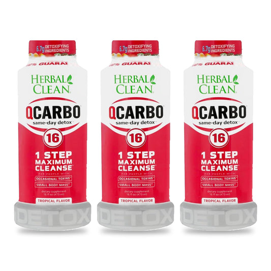 Three bottles of Herbal Clean QCarbo16 Tropical flavor, 16 fl oz each, on a white background