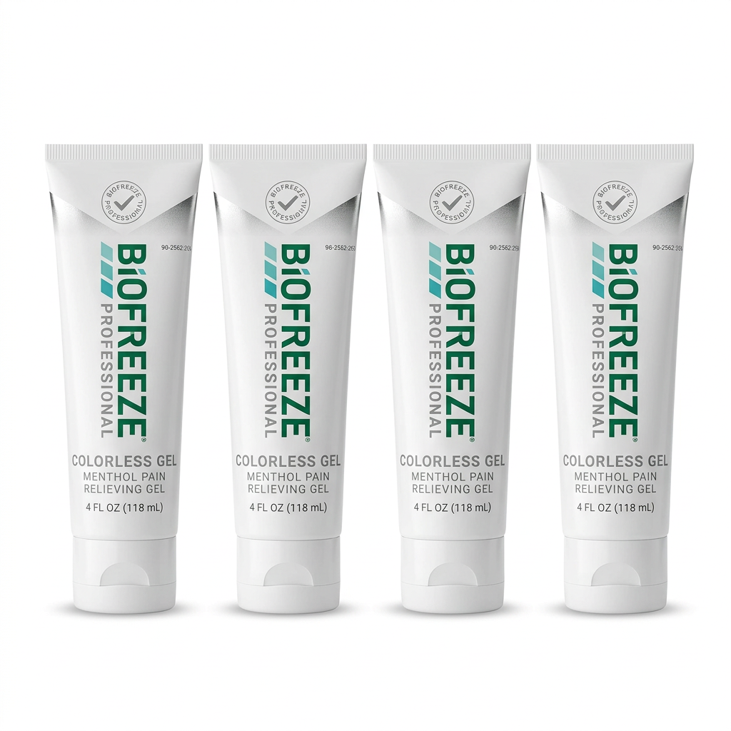 Four 4 fl oz tubes of Biofreeze Professional Colorless Gel on a white background