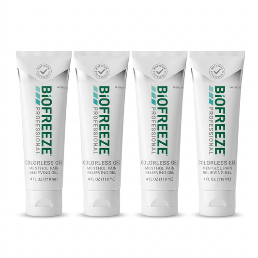 Four 4 fl oz tubes of Biofreeze Professional Colorless Gel on a white background