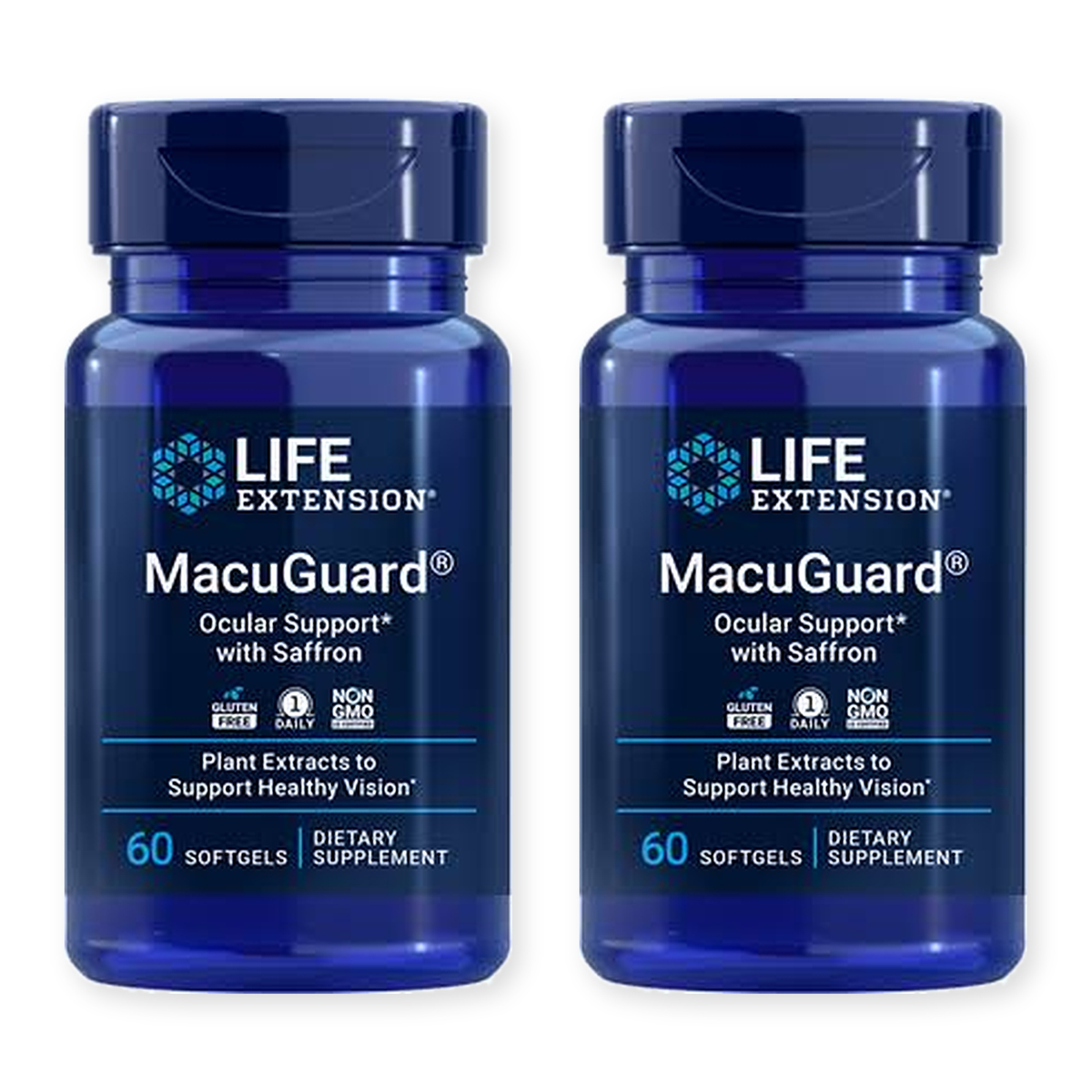 Two bottles of Life Extension MacuGuard Ocular Support with Saffron, 60 softgels each, on a white background