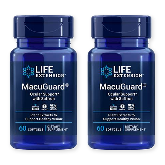 Two bottles of Life Extension MacuGuard Ocular Support with Saffron, 60 softgels each, on a white background