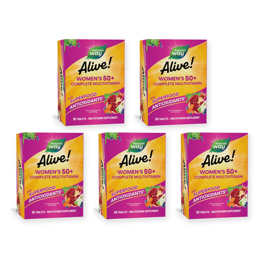 Five boxes of Nature's Way Alive! Women's 50+ Complete Multivitamin, 50 tablets each, on a white background
