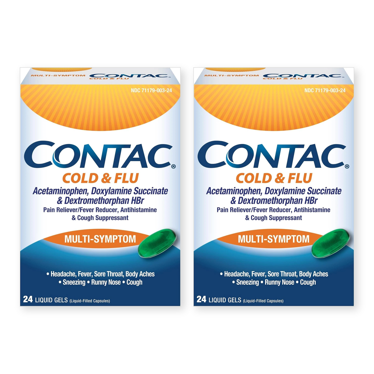 Two boxes of Contac Multi-Symptom Cold & Flu, 24 liquid gels each, on a white background