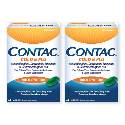 Two boxes of Contac Multi-Symptom Cold & Flu, 24 liquid gels each, on a white background