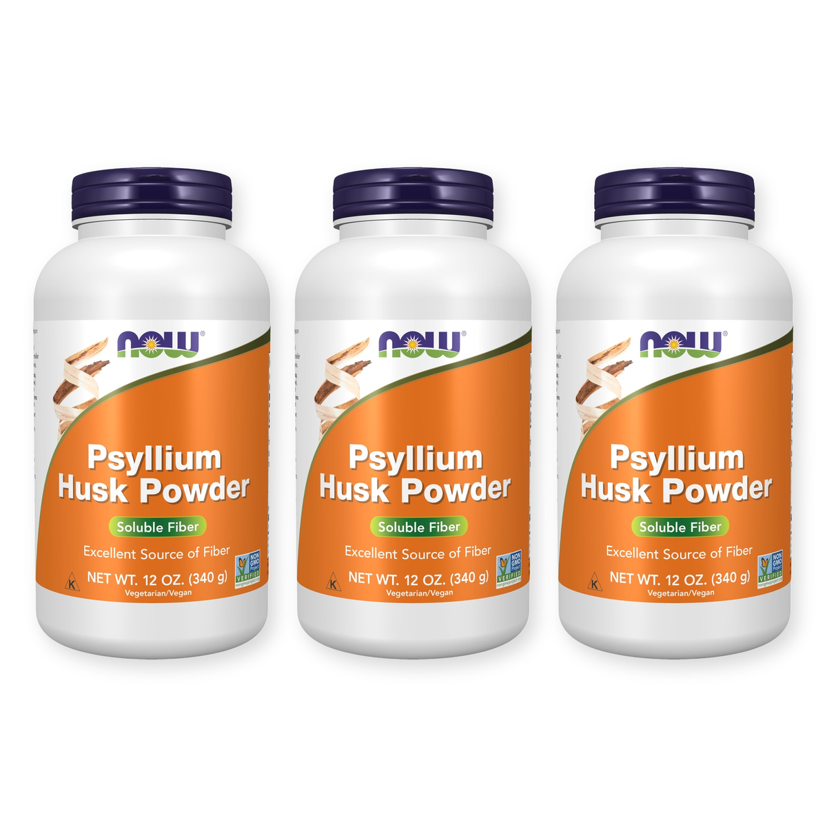 Three bottles of NOW Foods Psyllium Husk Powder, 12 oz each, on a white background