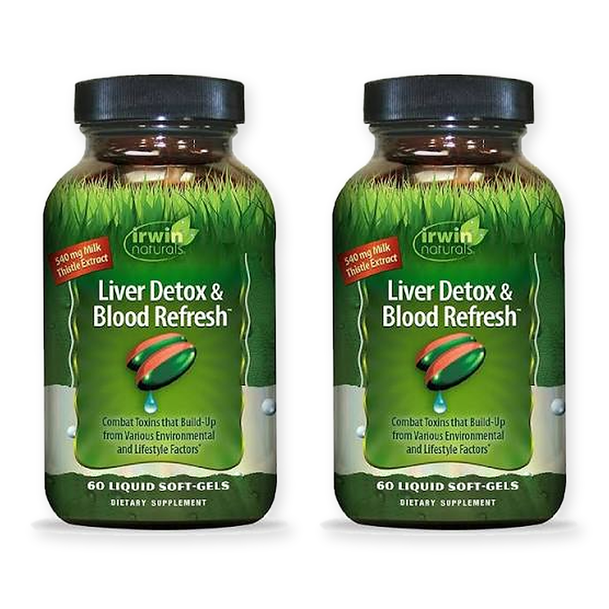 Two bottles of Irwin Naturals Liver Detox & Blood Refresh, 60 liquid soft-gels each, on a white background