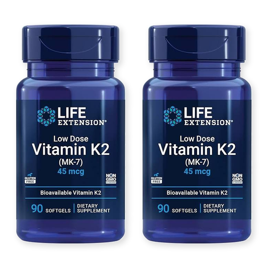 Two bottles of Life Extension Low Dose Vitamin K2 (MK-7) 45 mcg, 90 softgels each, on a white background