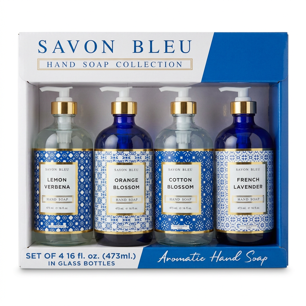 Savon Bleu boxed collection of four 16 fl oz glass hand soap bottles on a white background