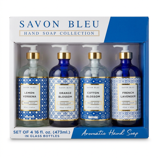 Savon Bleu boxed collection of four 16 fl oz glass hand soap bottles on a white background