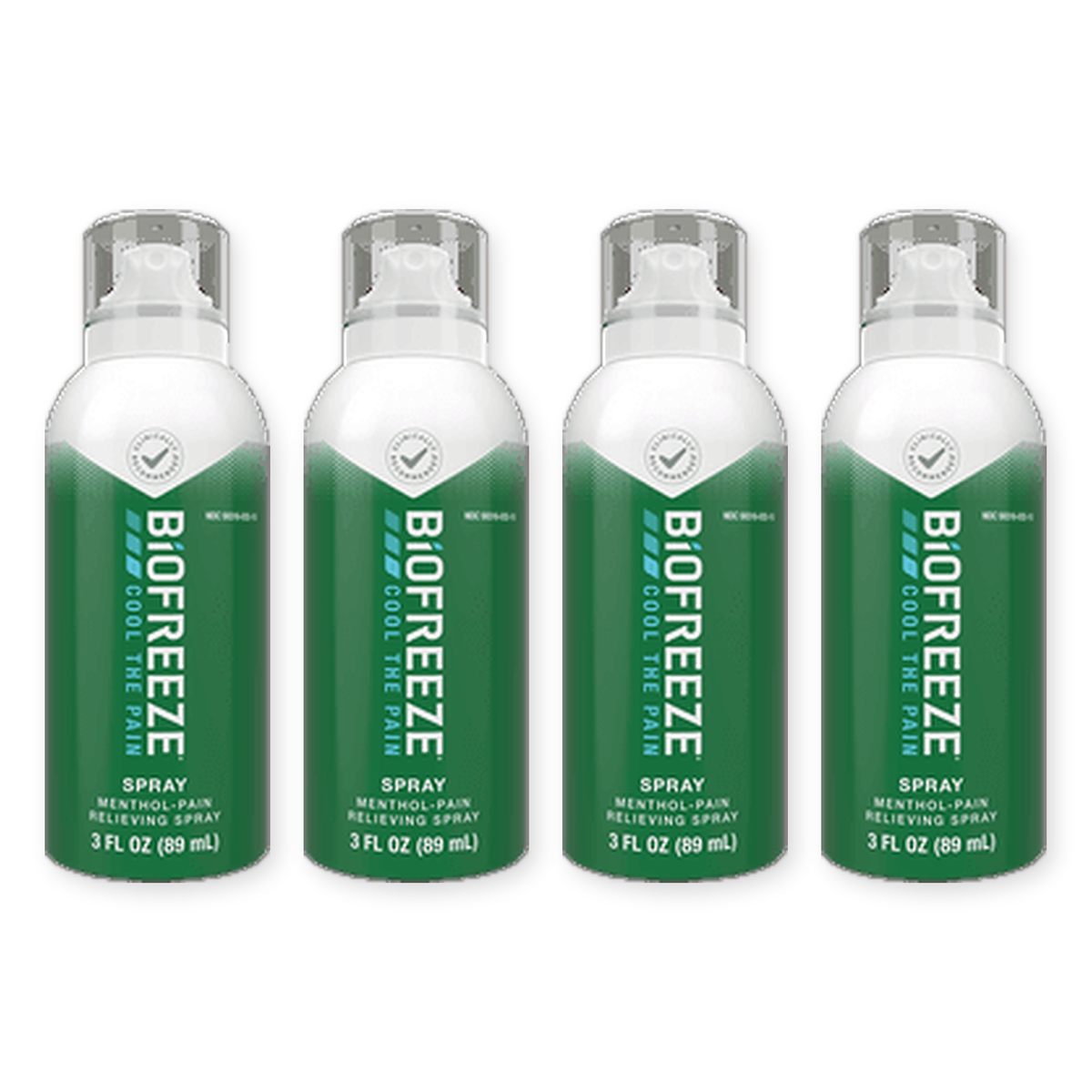 Four bottles of Biofreeze Pain Relief Spray, 3 fl oz each, on a white background